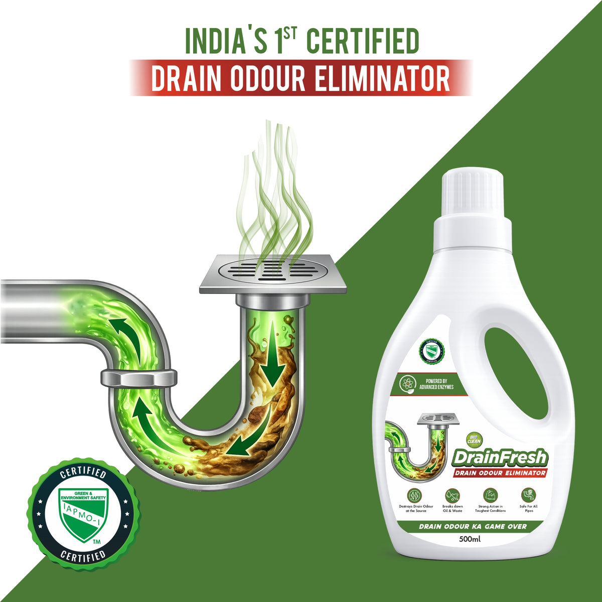 Bioclean DrainFresh - Drain Odour Eliminator for kitchen Sink & Bathroom Drains | Powerful Enzyme Drain Cleaner | Pack of 2 (500ml)