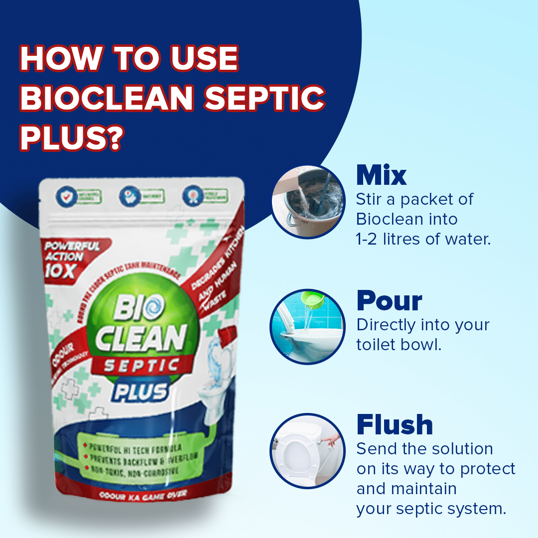 Bioclean Septic Plus Duo 10X Powerful Septic Tank Powder 250gm X Bioclean SHINE Toilet Cleaner 500ml | Septic Tank Safe | Odour & Sludge Reduction