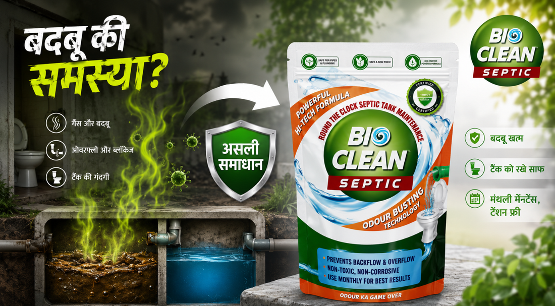 Bio Clean Septic septic tank badbu solution banner with product pouch and logo.