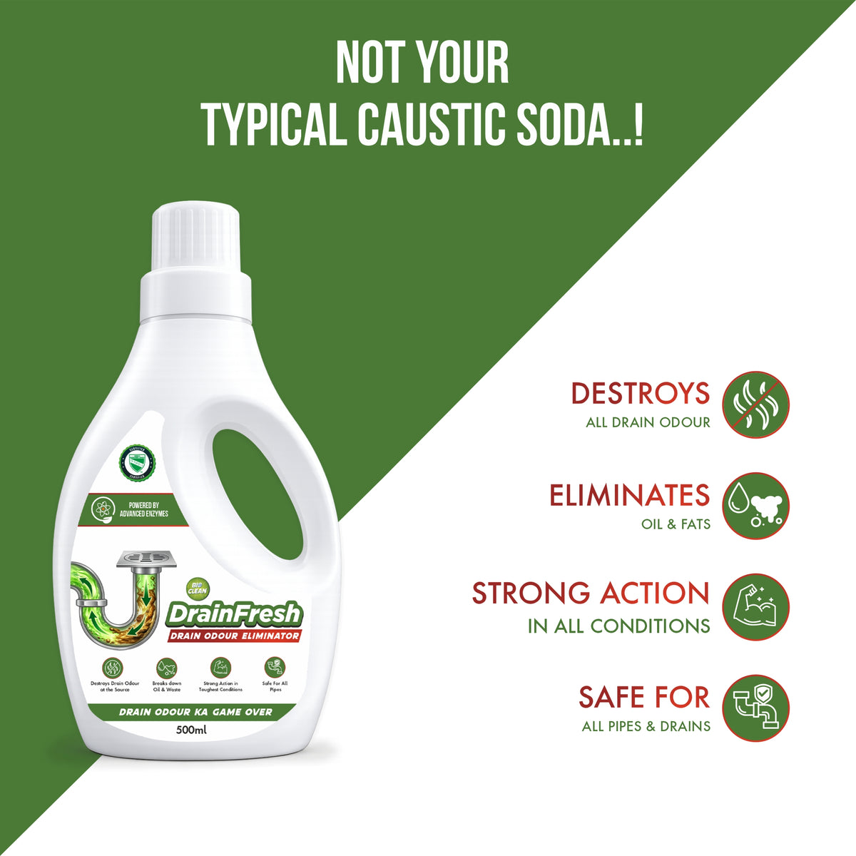 Bioclean DrainFresh - Drain Odour Eliminator for kitchen Sink & Bathroom Drains | Powerful Enzyme Drain Cleaner | Pack of 1 (500ml)