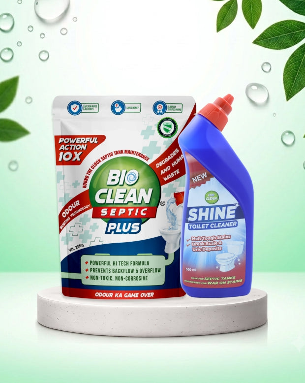 BioClean Septic Plus Duo 10X Powerful Septic Tank Powder 250gm X BioClean SHINE Toilet Cleaner 500ml | Septic Tank Safe | Odour & Sludge Reduction