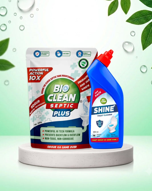 BioClean Septic Plus Duo 10X Powerful Septic Tank Powder 250gm X BioClean SHINE Toilet Cleaner 500ml | Septic Tank Safe | Odour & Sludge Reduction