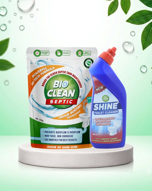BioClean Septic Duo Tank Powder 250gm X BioClean SHINE Toilet Cleaner 500ml | Septic Tank Safe | Odour & Sludge Reduction