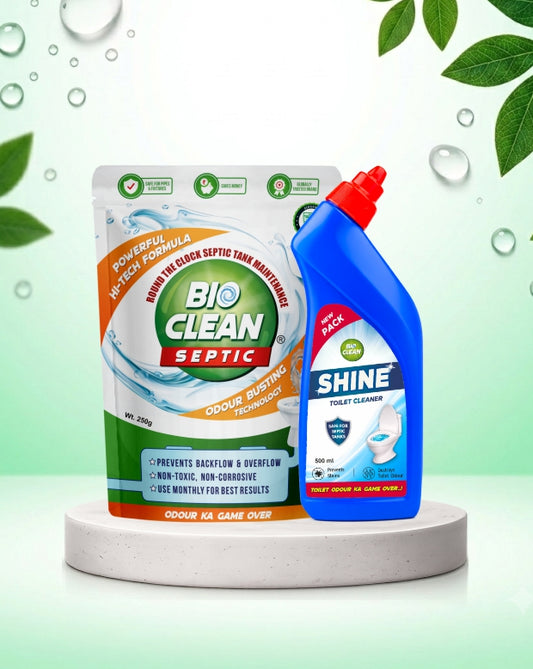 BioClean Septic Duo Tank Powder 250gm X BioClean SHINE Toilet Cleaner 500ml | Septic Tank Safe | Odour & Sludge Reduction