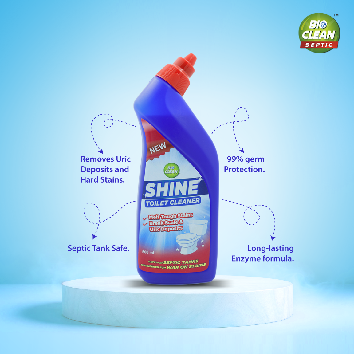 Bioclean Duo Septic Tank Powder 250gm X Bioclean SHINE Toilet Cleaner 500ml | Septic Tank Safe | Odour & Sludge Reduction