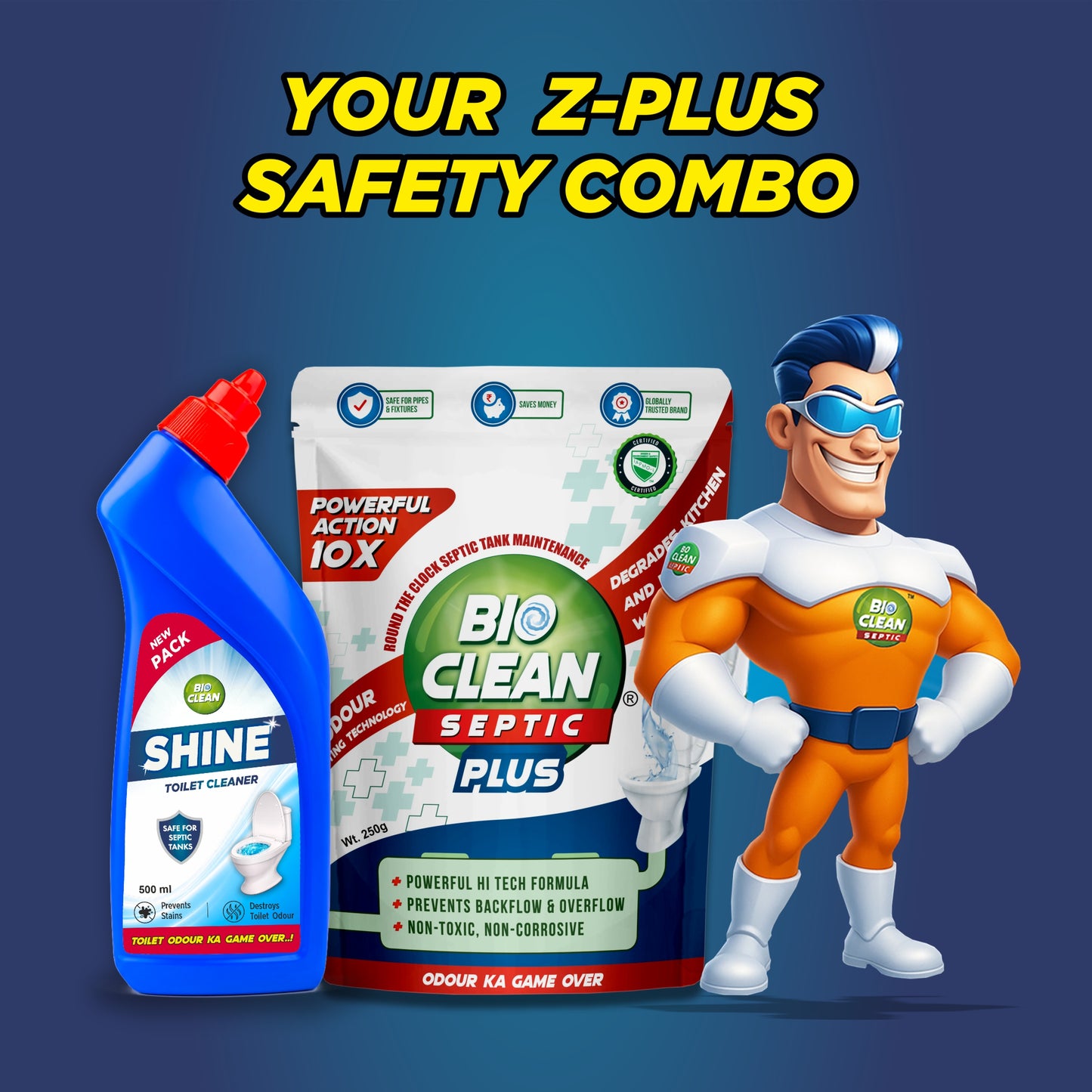 BioClean Septic Plus Duo 10X Powerful Septic Tank Powder 250gm X BioClean SHINE Toilet Cleaner 500ml | Septic Tank Safe | Odour & Sludge Reduction