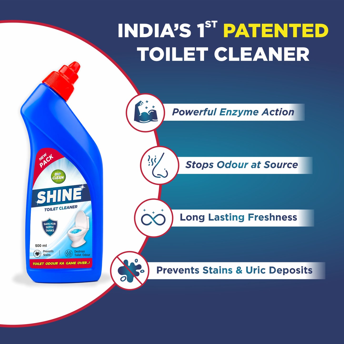 BioClean SHINE Toilet Cleaner Double Pack | Enzyme Powered| Septic Tank Safe| Pack of 2(500ml)