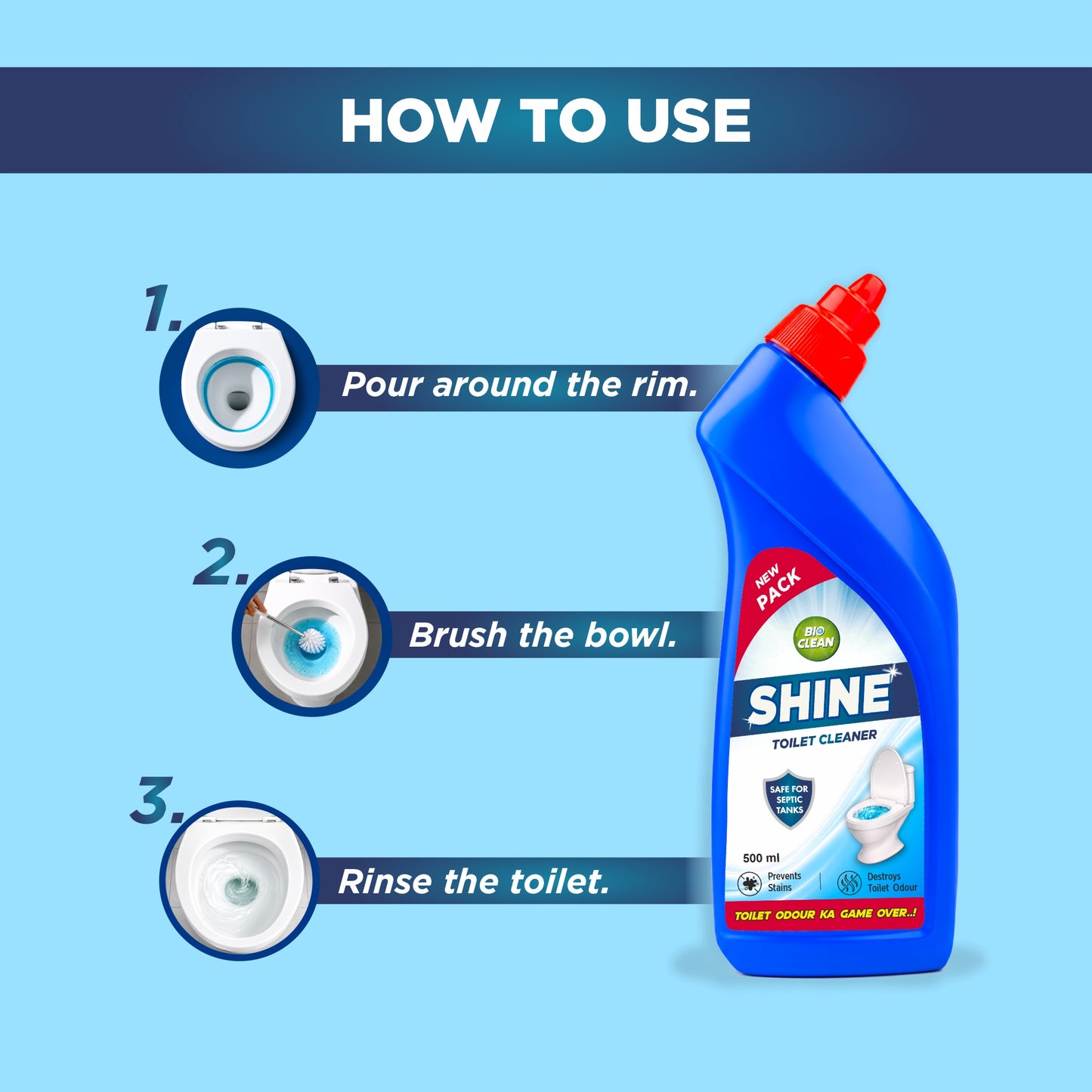 BioClean SHINE Toilet Cleaner Double Pack | Enzyme Powered| Septic Tank Safe| Pack of 2(500ml)