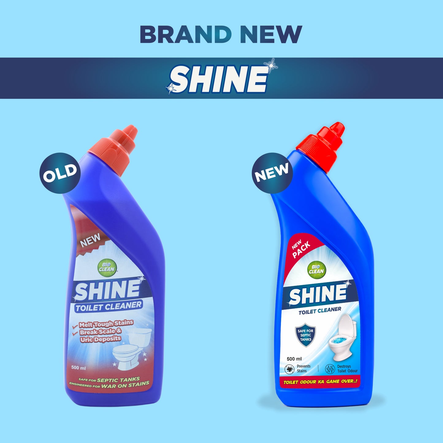 BioClean SHINE Toilet Cleaner Double Pack | Enzyme Powered| Septic Tank Safe| Pack of 2(500ml)
