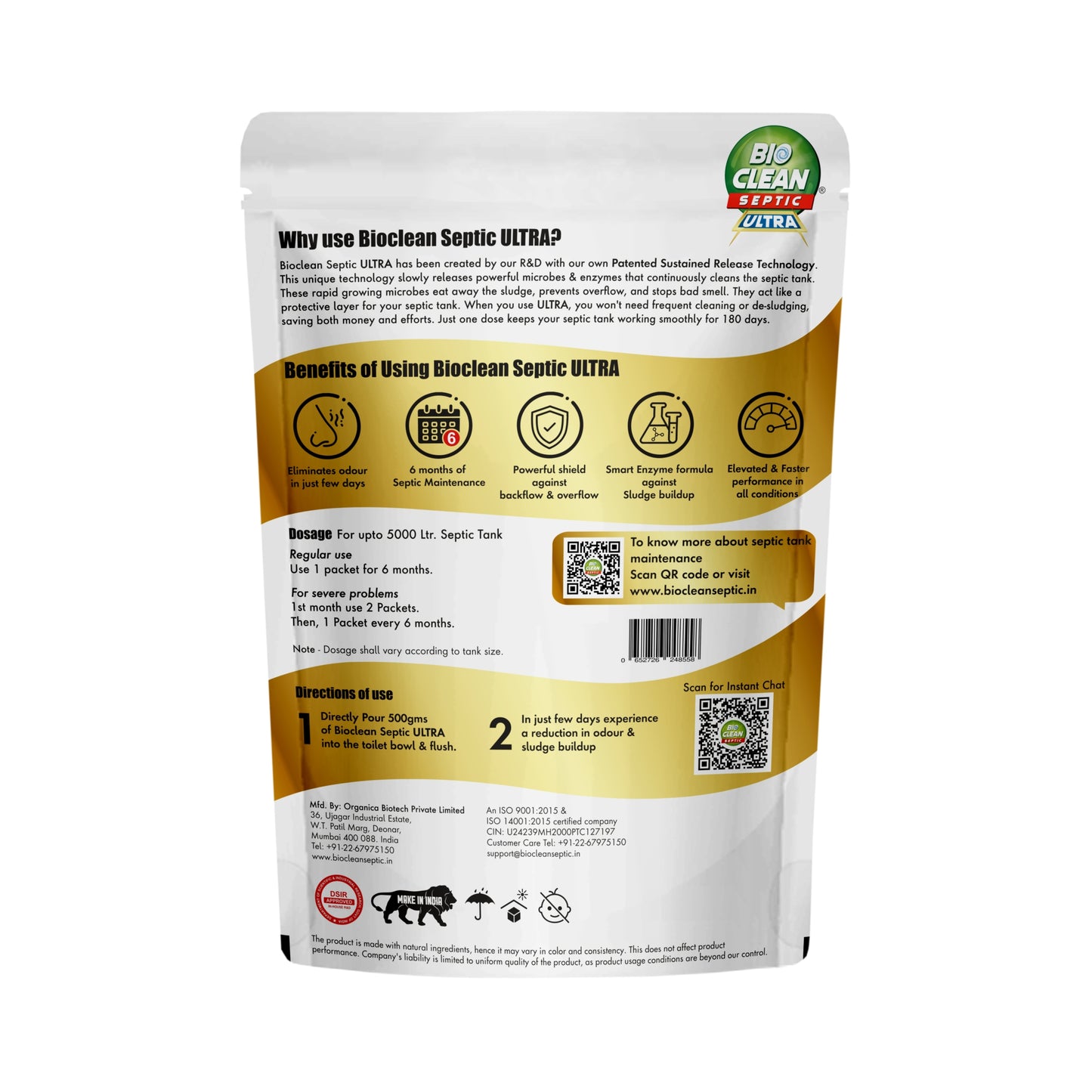 BioClean Septic ULTRA|Septic Tank Cleaner Powder|Faster Odour removal|Pack of 1(500gm)