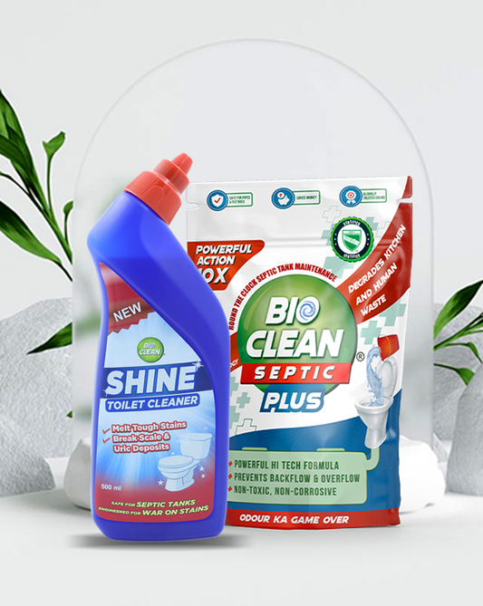 Bioclean Septic Plus Duo 10X Powerful Septic Tank Powder 250gm X Bioclean SHINE Toilet Cleaner 500ml | Septic Tank Safe | Odour & Sludge Reduction