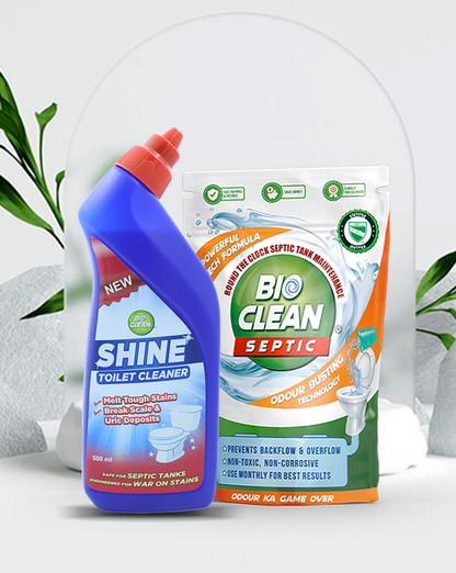 Bioclean Duo Septic Tank Powder 250gm X Bioclean SHINE Toilet Cleaner 500ml | Septic Tank Safe | Odour & Sludge Reduction