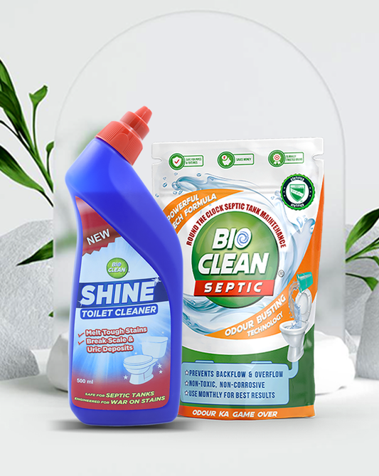 Bioclean Duo Septic Tank Powder 250gm X Bioclean SHINE Toilet Cleaner 500ml | Septic Tank Safe | Odour & Sludge Reduction